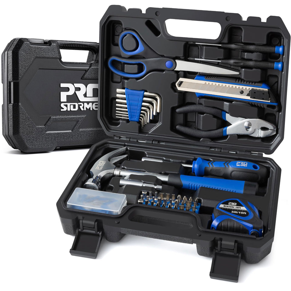 Prostormer 93-piece tool kit inside a neat blue toolbox for quick home repairs