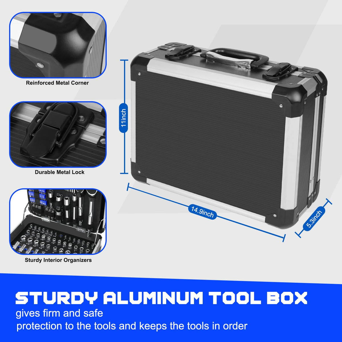 Prostormer aluminum toolbox open showing organized tray inserts.