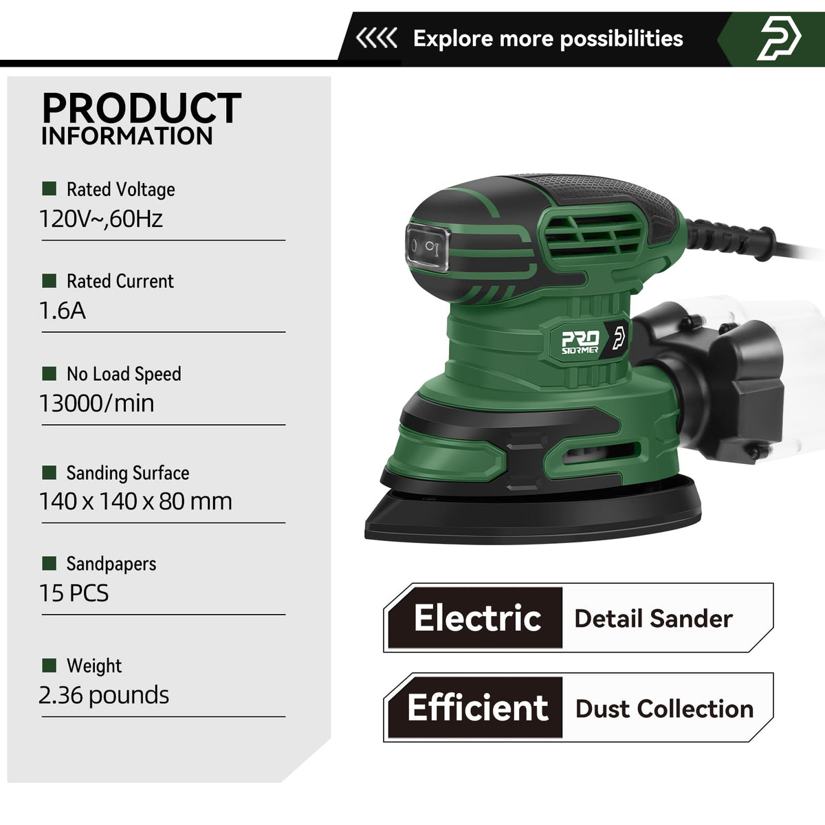 Prostormer quick-change sanding pads for P60, P120, P180 versatility.