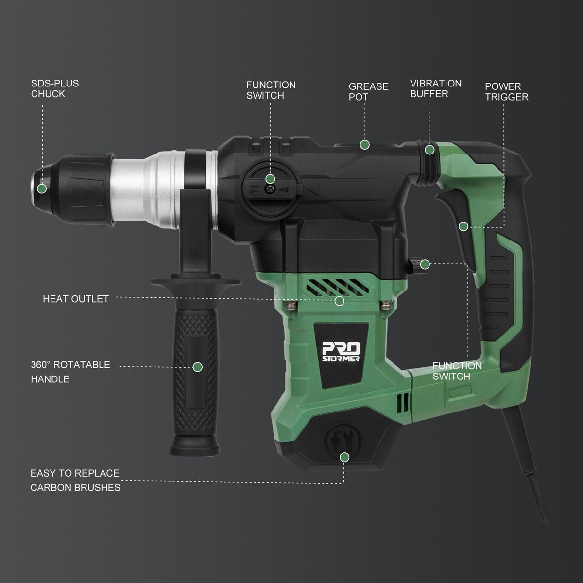 Prostormer rotary hammer 4-modes dial enables versatile drilling and chiseling