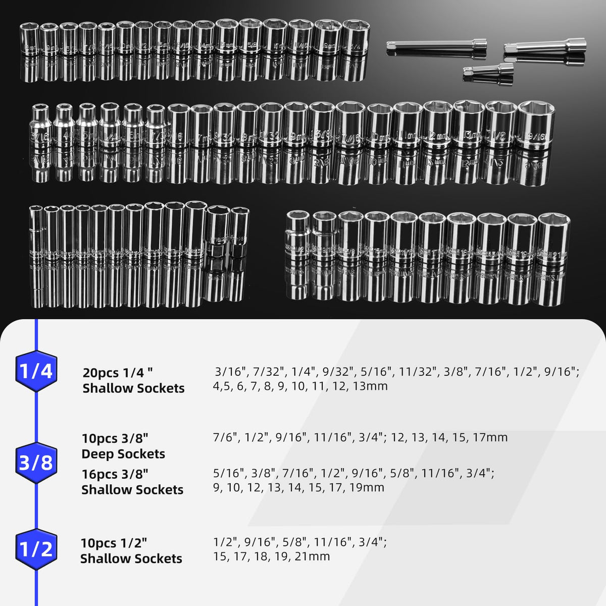 Prostormer socket and wrench collection with chrome vanadium finish for corrosion resistance.