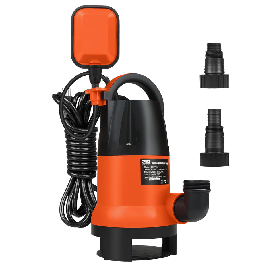 Prostormer 1HP sump pump with 3700 GPH for basement, pool, and pond drainage