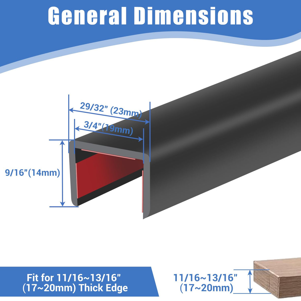 Protalwell U-channel edge protector on cabinet corner