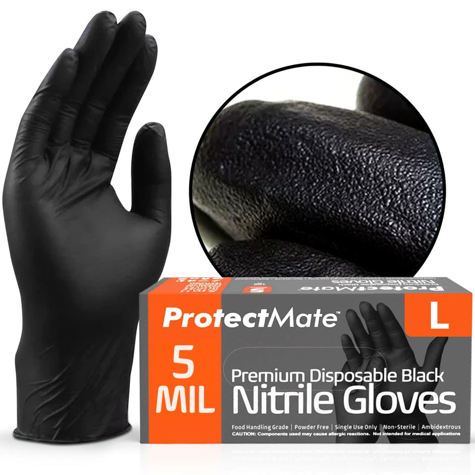 ProtectMate black nitrile gloves 5mil box of 100, durable for busy food prep.