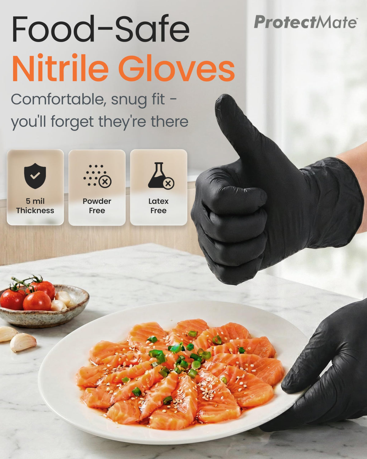 Protectmate textured fingertip nitrile gloves improve grip on slippery ingredients.