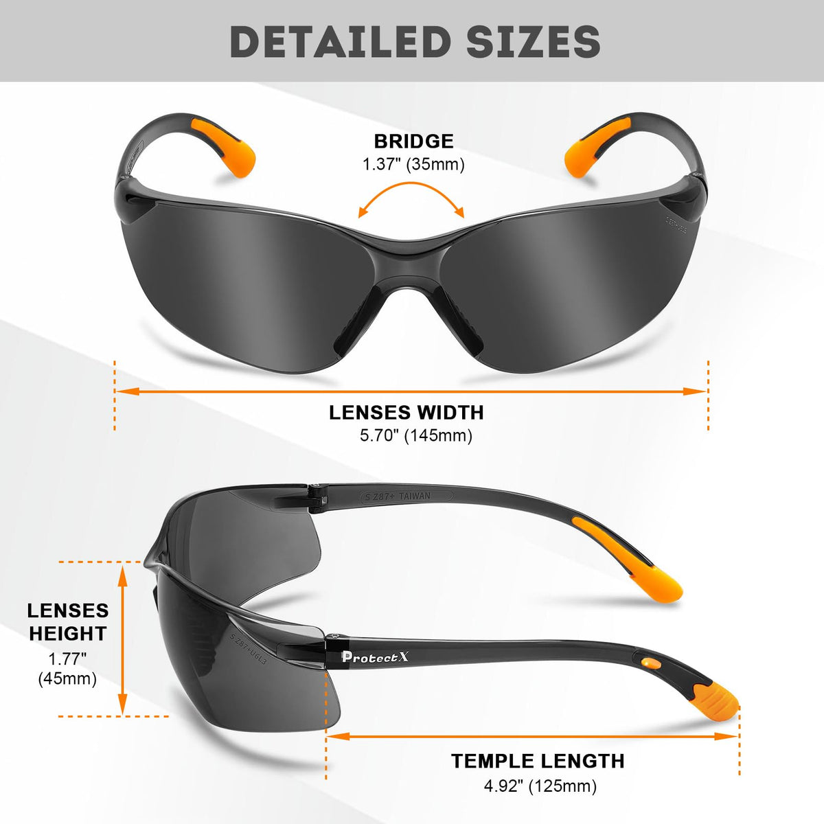 ProtectX 3-pack tinted safety glasses held at workbench illustrating secure rubber grips