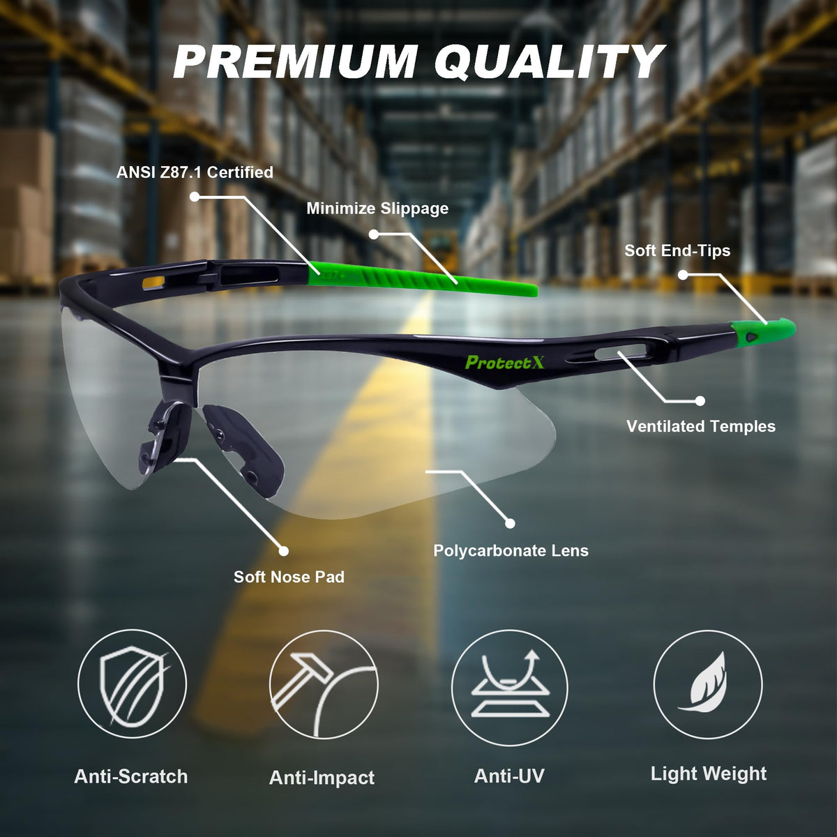 ProtectX ANSI Z87.1 rated eyewear for reliable impact resistance