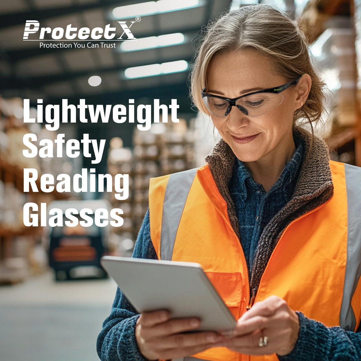 ProtectX bifocal reading glasses 2.0 diopter ANSI Z87.1 rated protection.