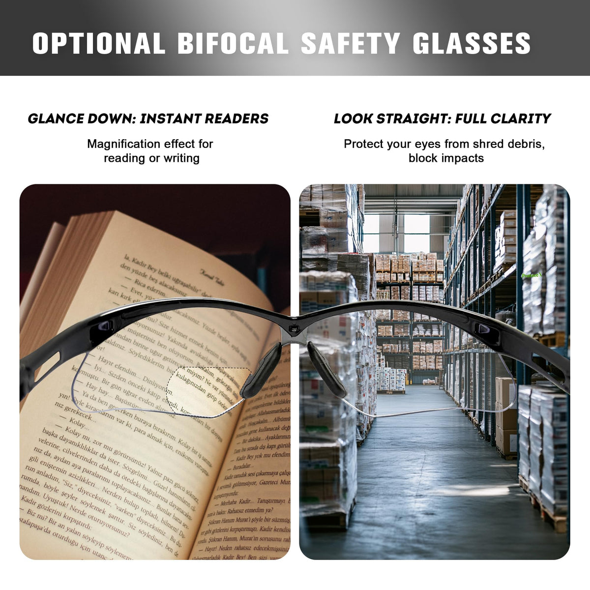 ProtectX bifocal reading glasses 2.0 diopter anti-fog lenses for clear indoor use.