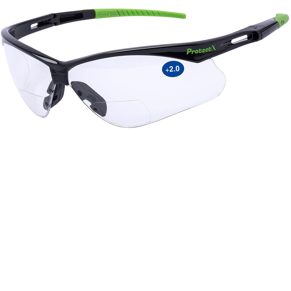 ProtectX bifocal reading glasses 2.0 diopter with wraparound for all-day comfort.
