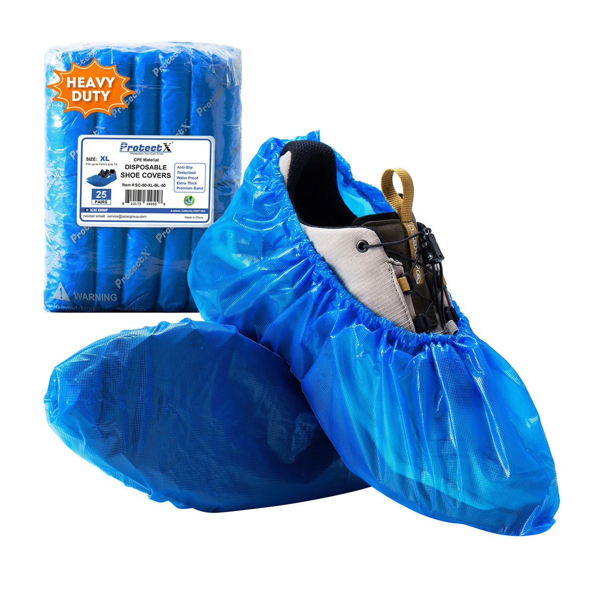 ProtectX heavy-duty blue shoe covers placed over boots for floor protection