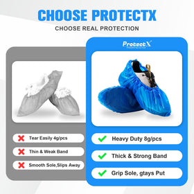 ProtectX oversized blue shoe covers with textured non-slip sole on floor