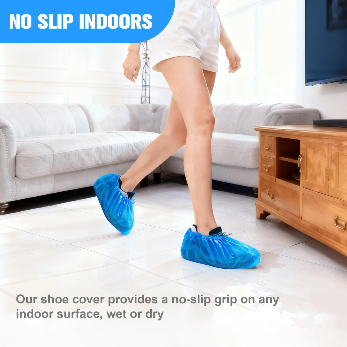 ProtectX blue shoe covers showing reinforced seams and elastic ankle