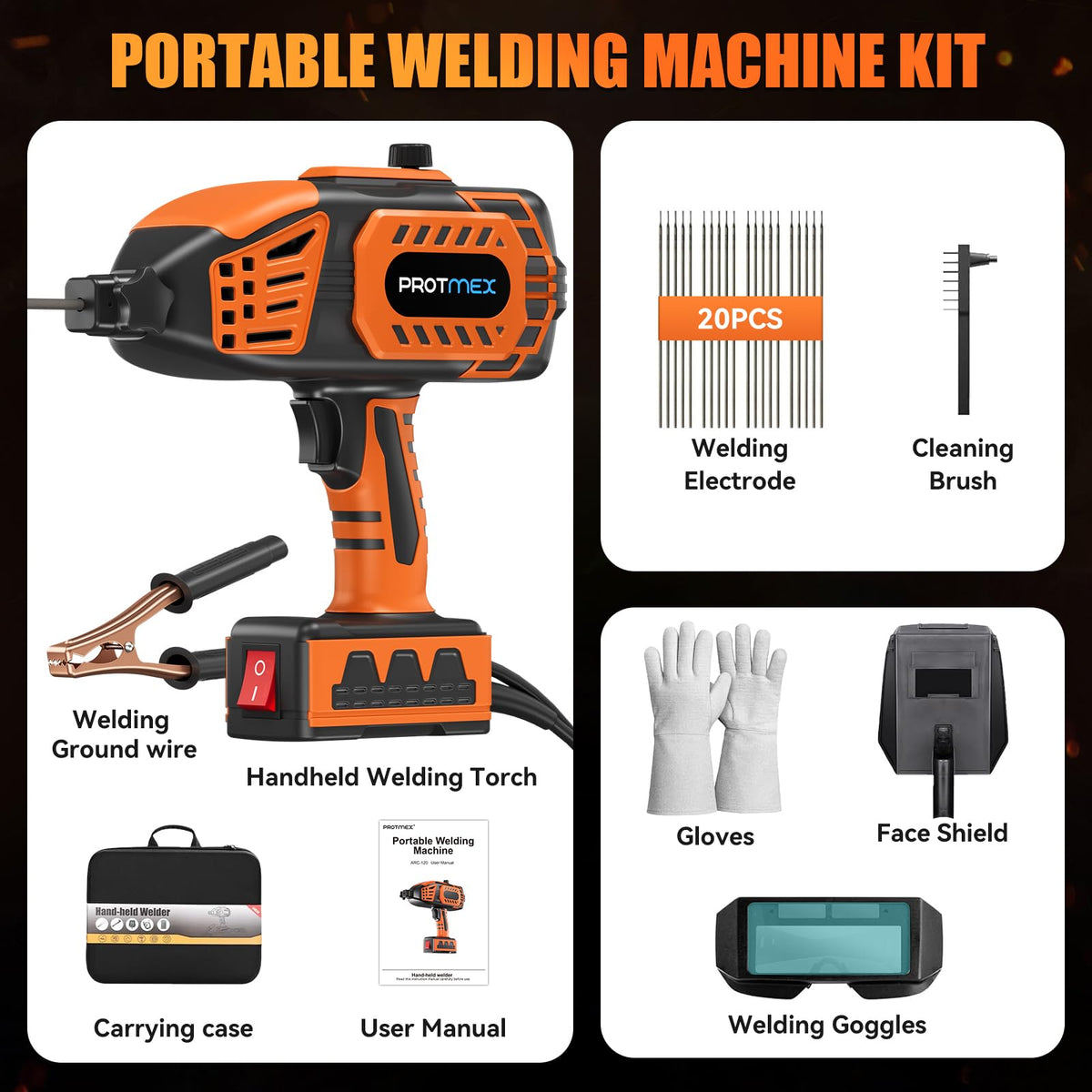 Protmex welding kit includes ground clamp and accessories