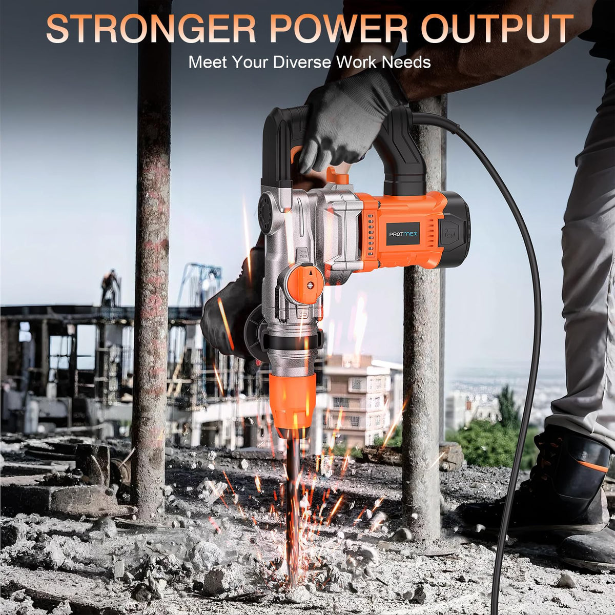 Protmex rotary hammer in use on concrete surface for masonry work