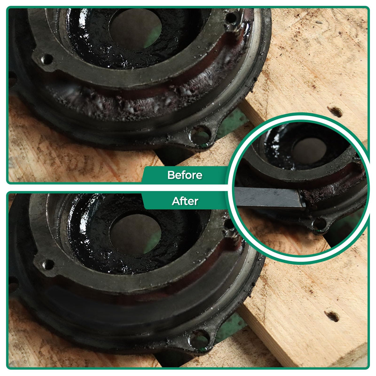 Removes gasket residue along with carbon and rust