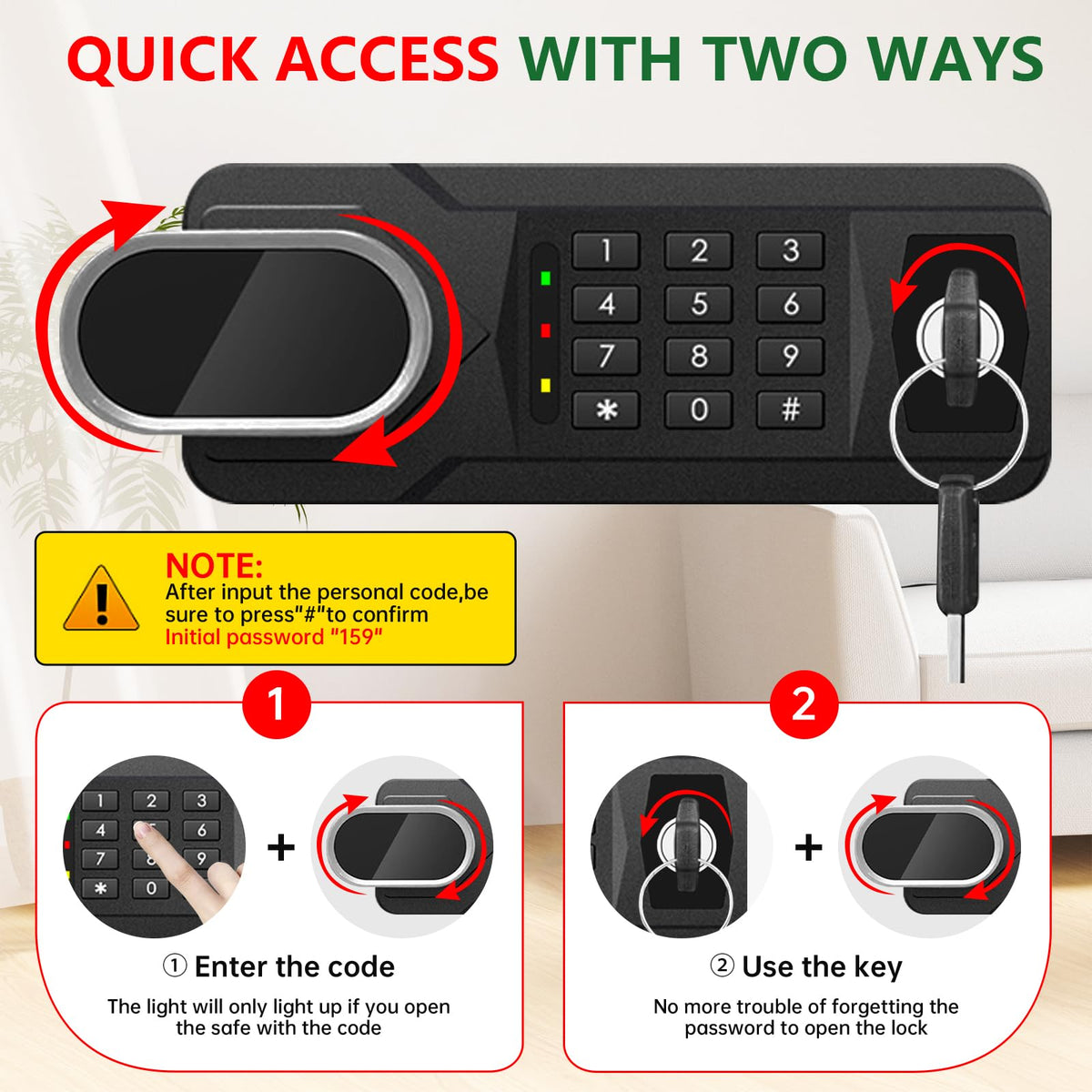 Psisuvry fire safe box anti-theft alarm deters unauthorized access.