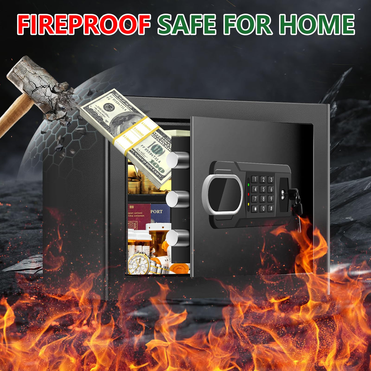 Psisuvry fire safe box digital keypad close-up for quick, secure access.