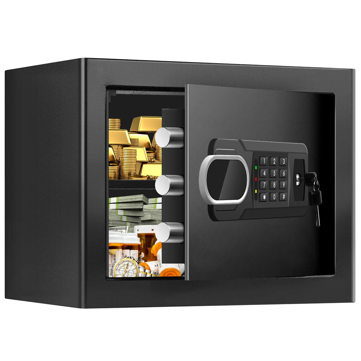 Psisuvry fire safe box front view shows compact home security storage for valuables.