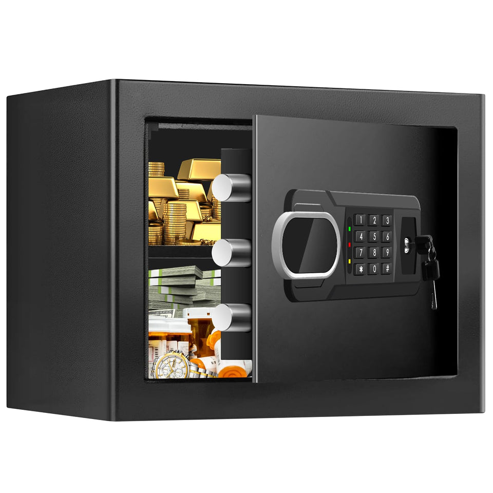 Psisuvry fire safe box front view shows compact home security storage for valuables.