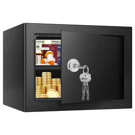 Psisuvry fireproof safe box exterior view highlights rugged steel construction for security.
