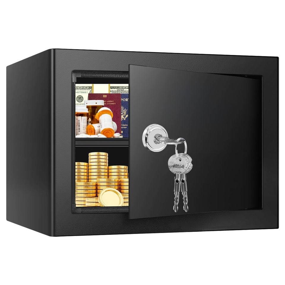 Psisuvry fireproof safe box exterior view highlights rugged steel construction for security.