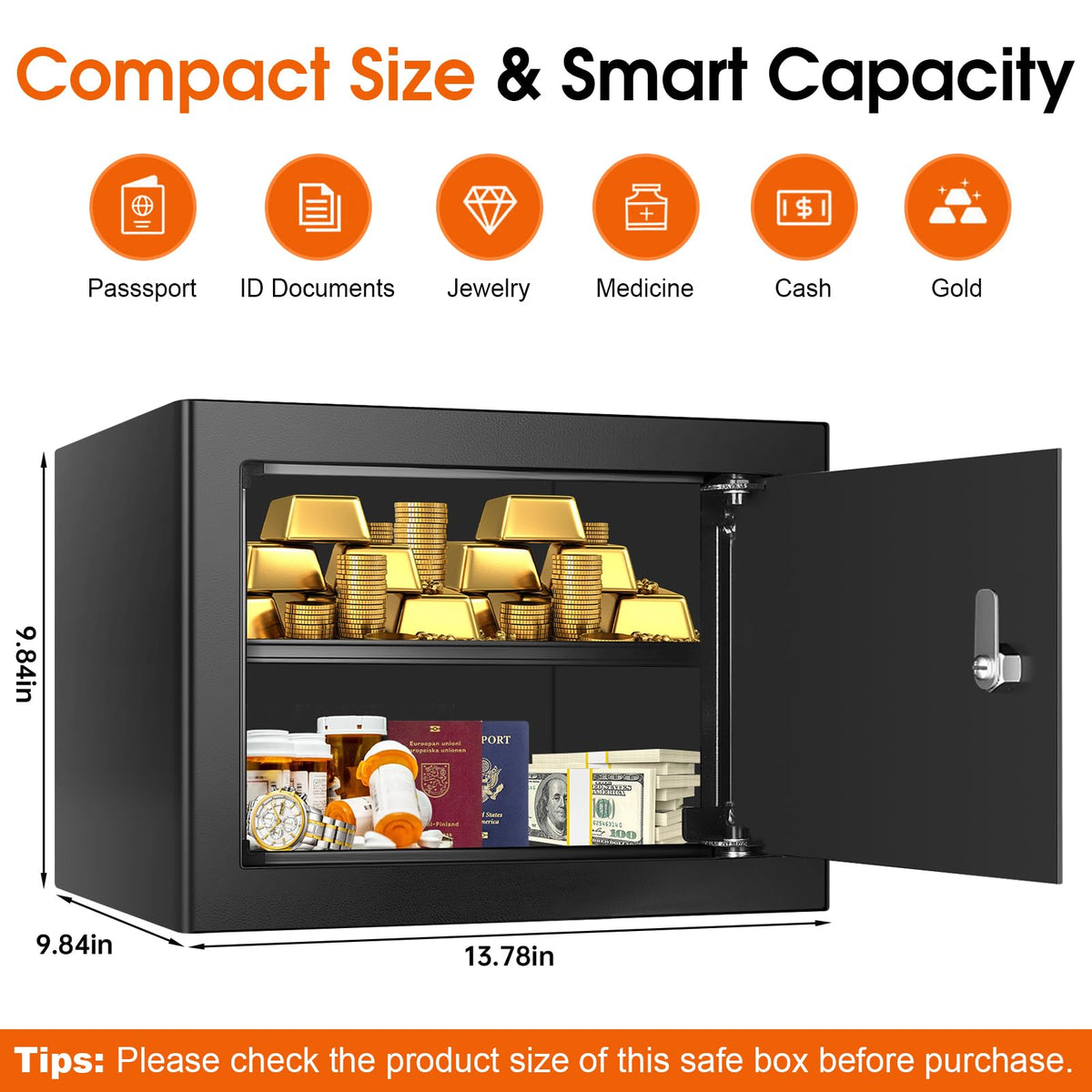 Psisuvry fireproof safe box interior shows ample 13.78x9.84x9.84 inch space for cash and valuables.