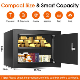 Psisuvry fireproof safe box interior shows ample 13.78x9.84x9.84 inch space for cash and valuables.