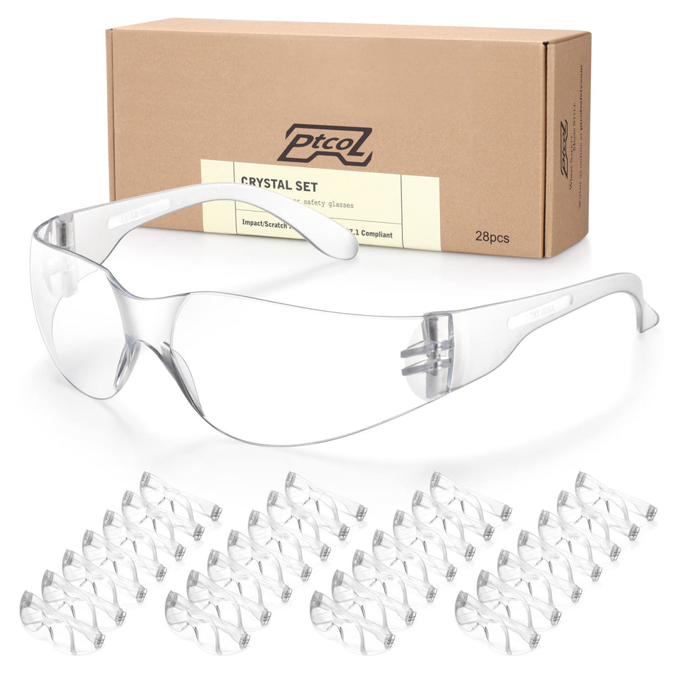 PTCOL 28-pack safety glasses in box with crystal-clear lenses for every project