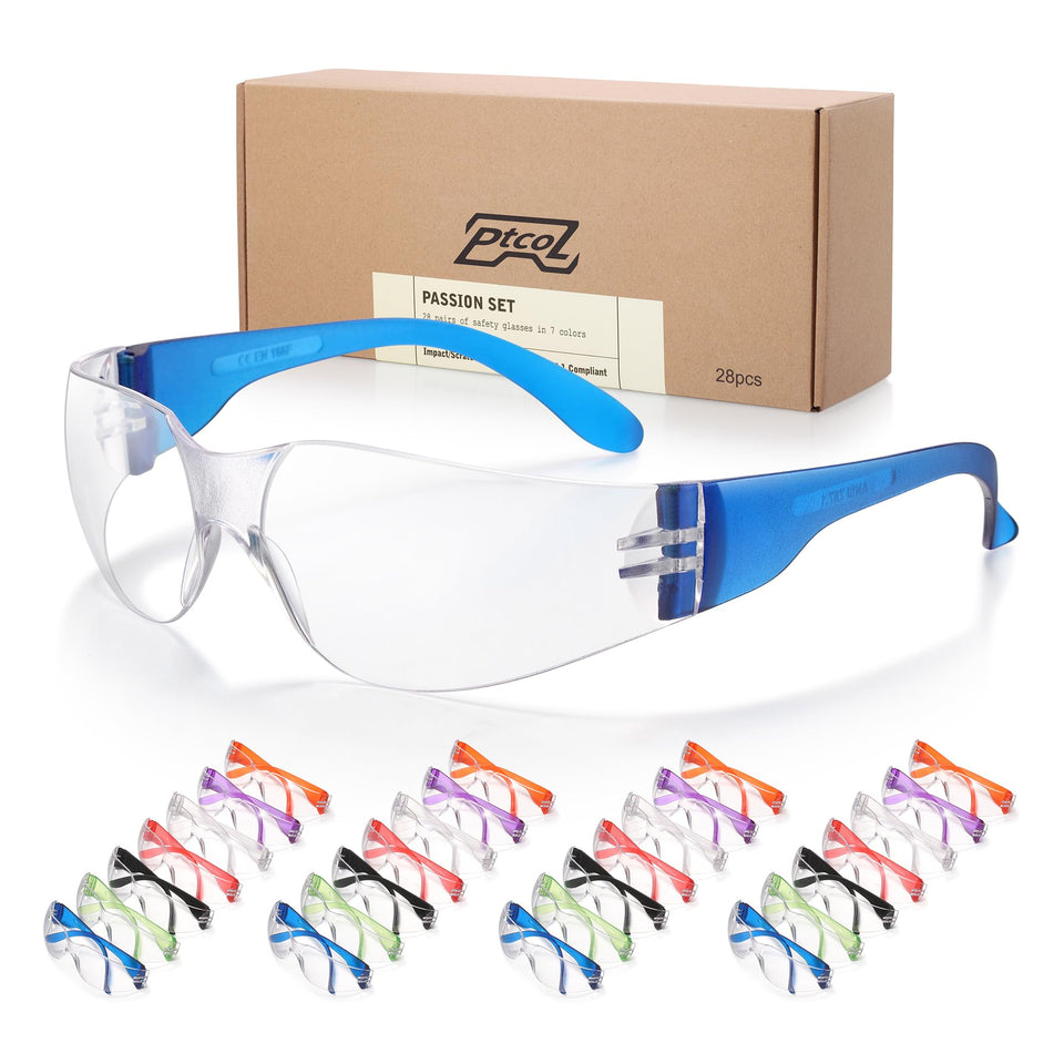 PTCOL 28-pack safety glasses in box set for organized storage and quick access.