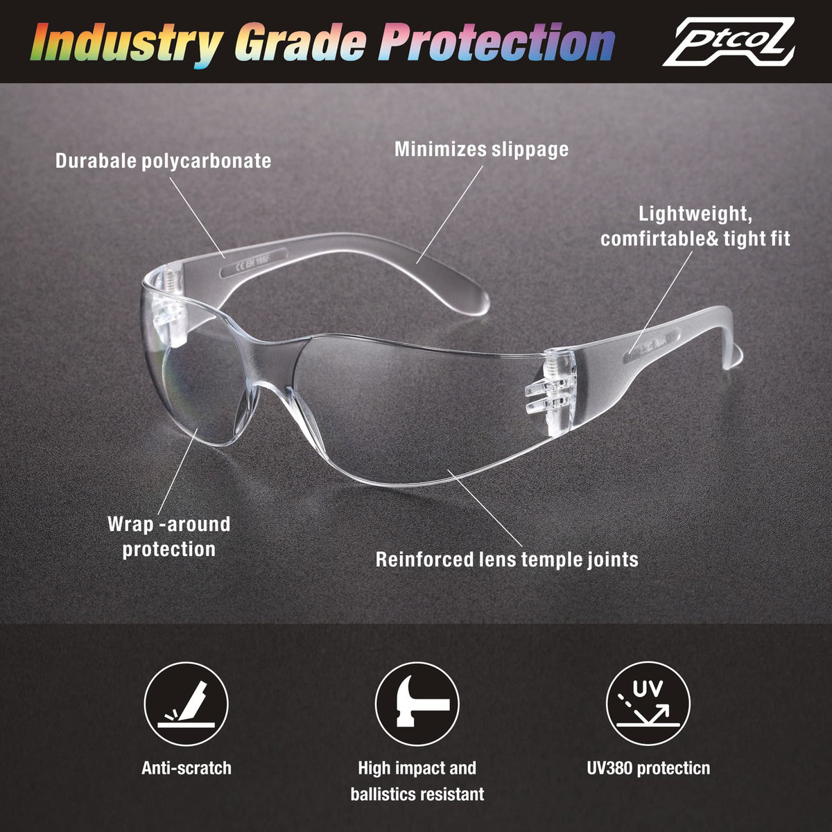 PTCOL ANSI Z87.1 and CE EN166 certified safety eyewear for construction and lab contexts