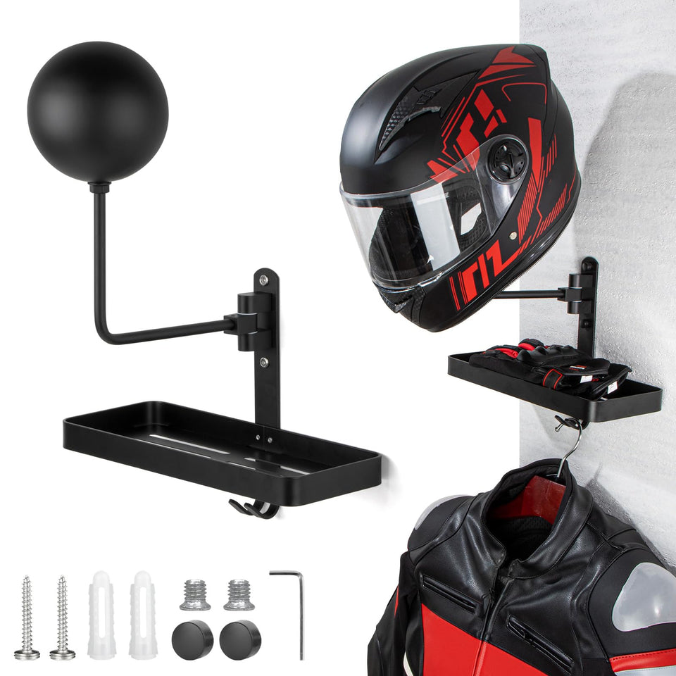 PUERSI helmet holder wall mount with shelf 180° rotation keeps helmets secure and accessible.