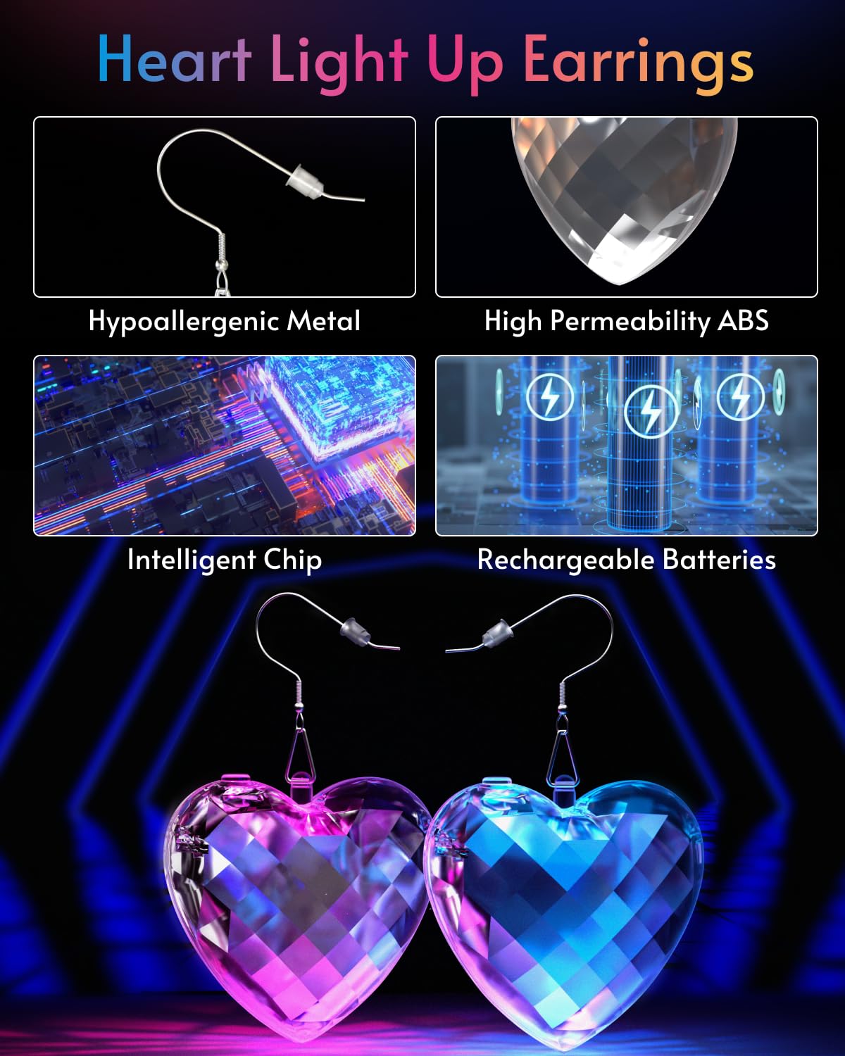 PUFIER LED earrings lightweight heart design for comfortable wear