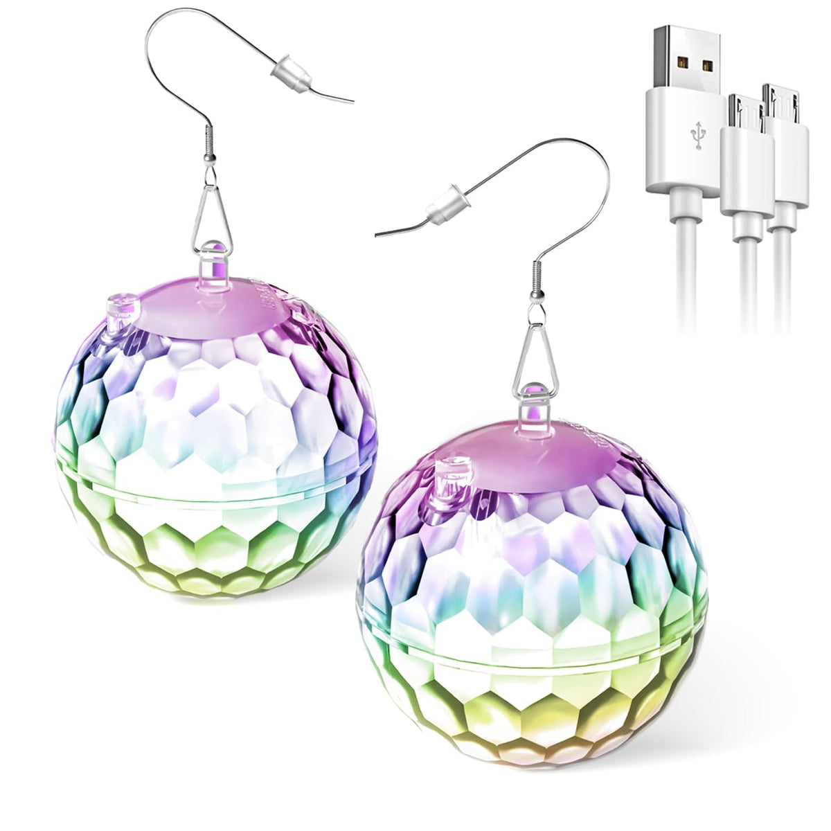 PUFIER light up rhombic disco ball earrings front view showing vibrant colors for parties.