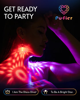 PUFIER rechargeable LED earrings on charging dock for extended wear.