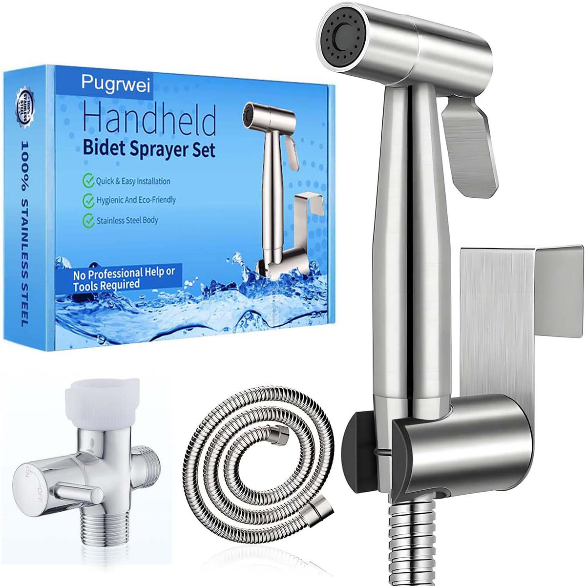 Pugrwei premium stainless steel bidet sprayer for toilets, durable and corrosion-resistant.