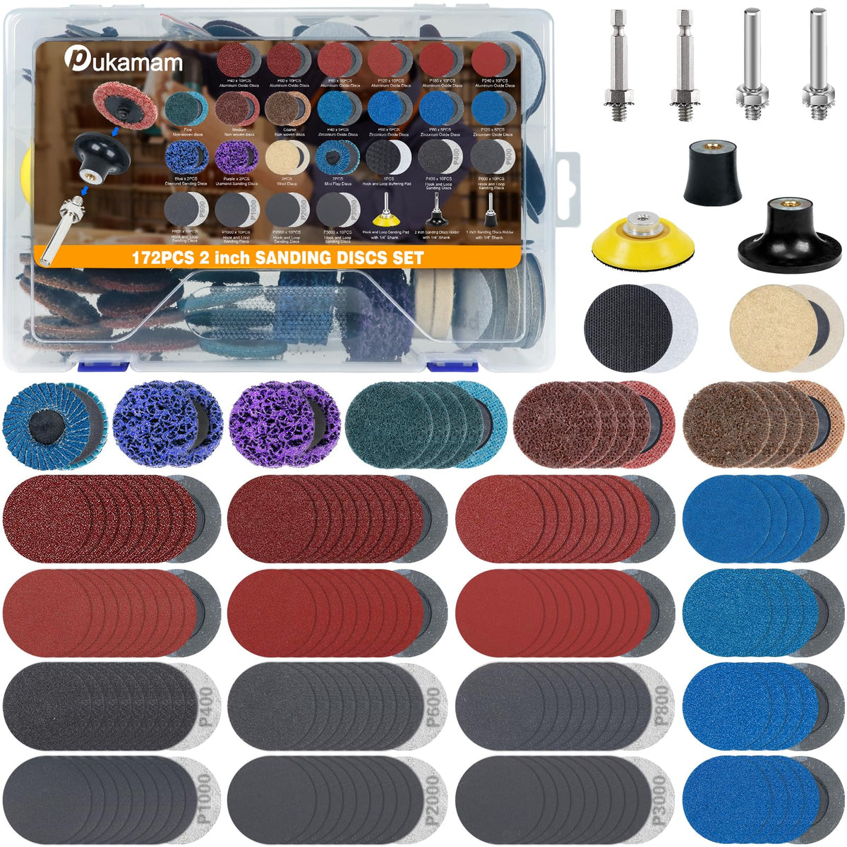 Pukamam 172pcs 2-inch sanding discs with quick-change system for fast swaps