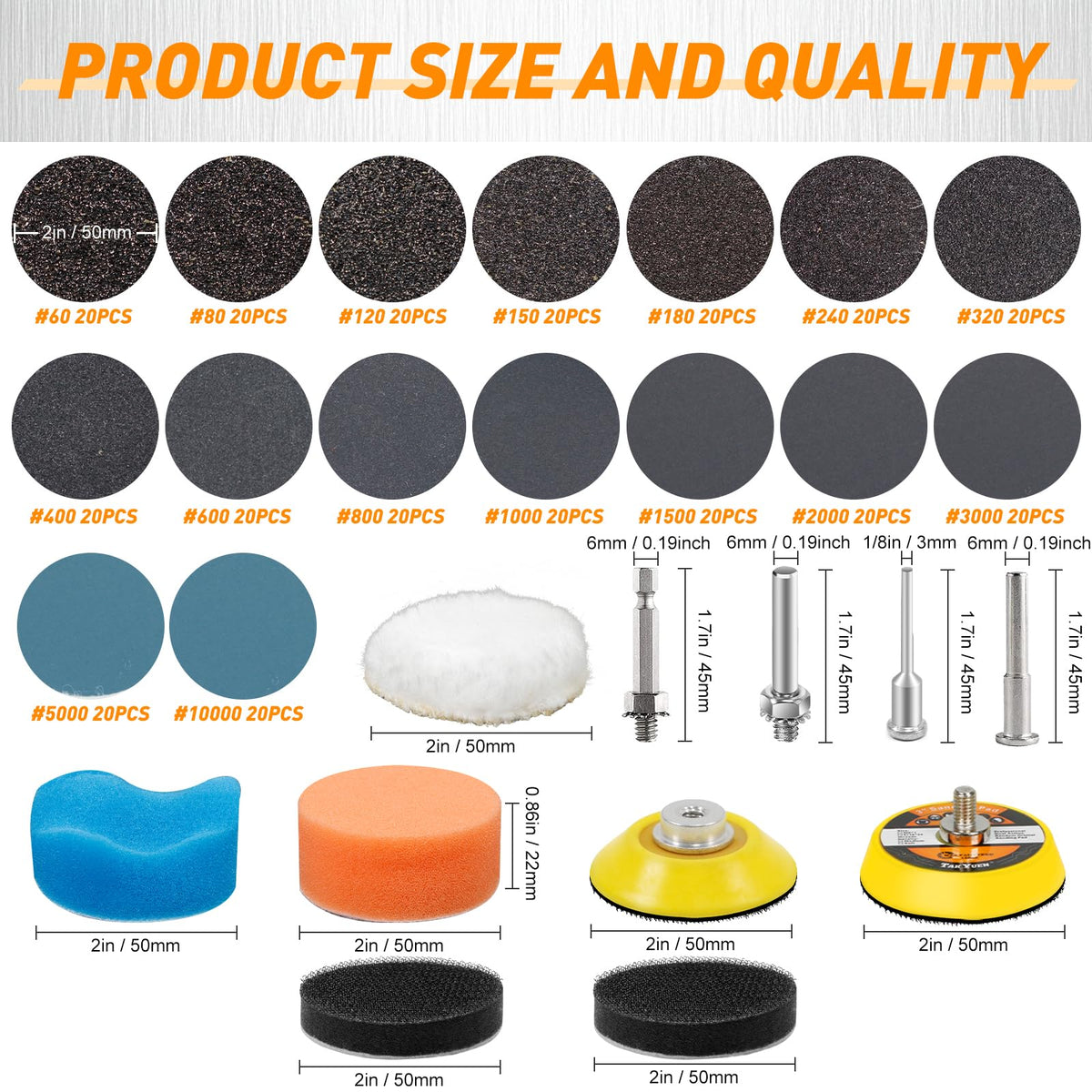 Pukamam 2-inch sanding discs show grit range 60 to 10000 for multiple finishes.