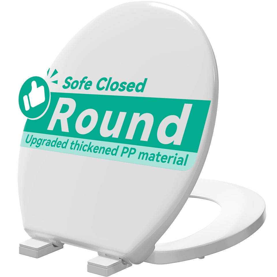 PUKANIUM round toilet seat with slow close hinges showing gentle lid action and calm bathroom use