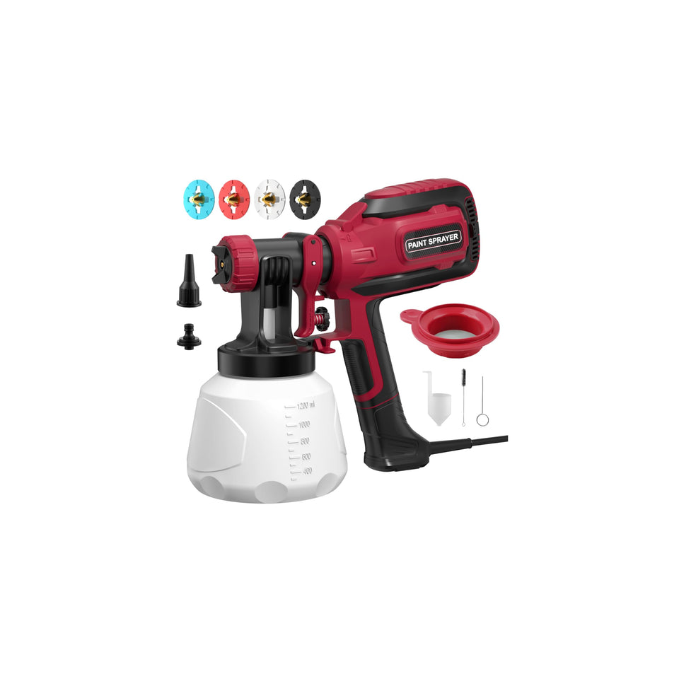 Pulendy paint sprayer displaying four nozzle sizes for precise finishes.