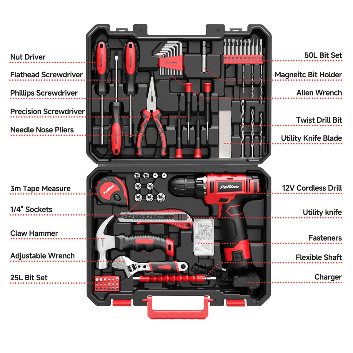 Pulituo 12V red cordless drill with LED light for precise drilling.