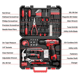 Pulituo 12V red cordless drill with LED light for precise drilling.