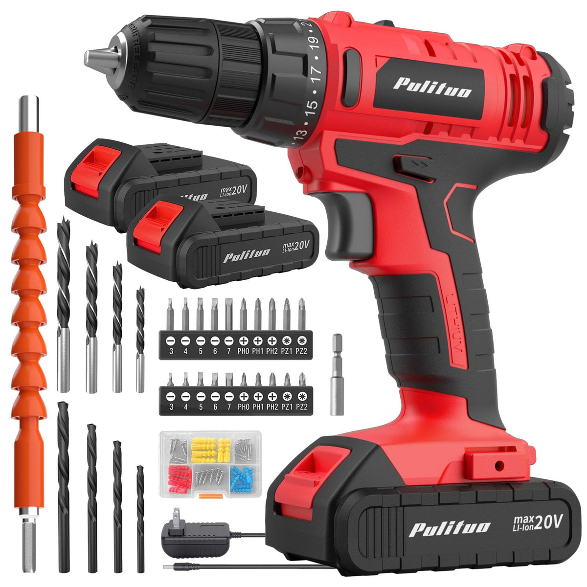 PULITUO 20V cordless drill front view, ideal for quick home repairs.