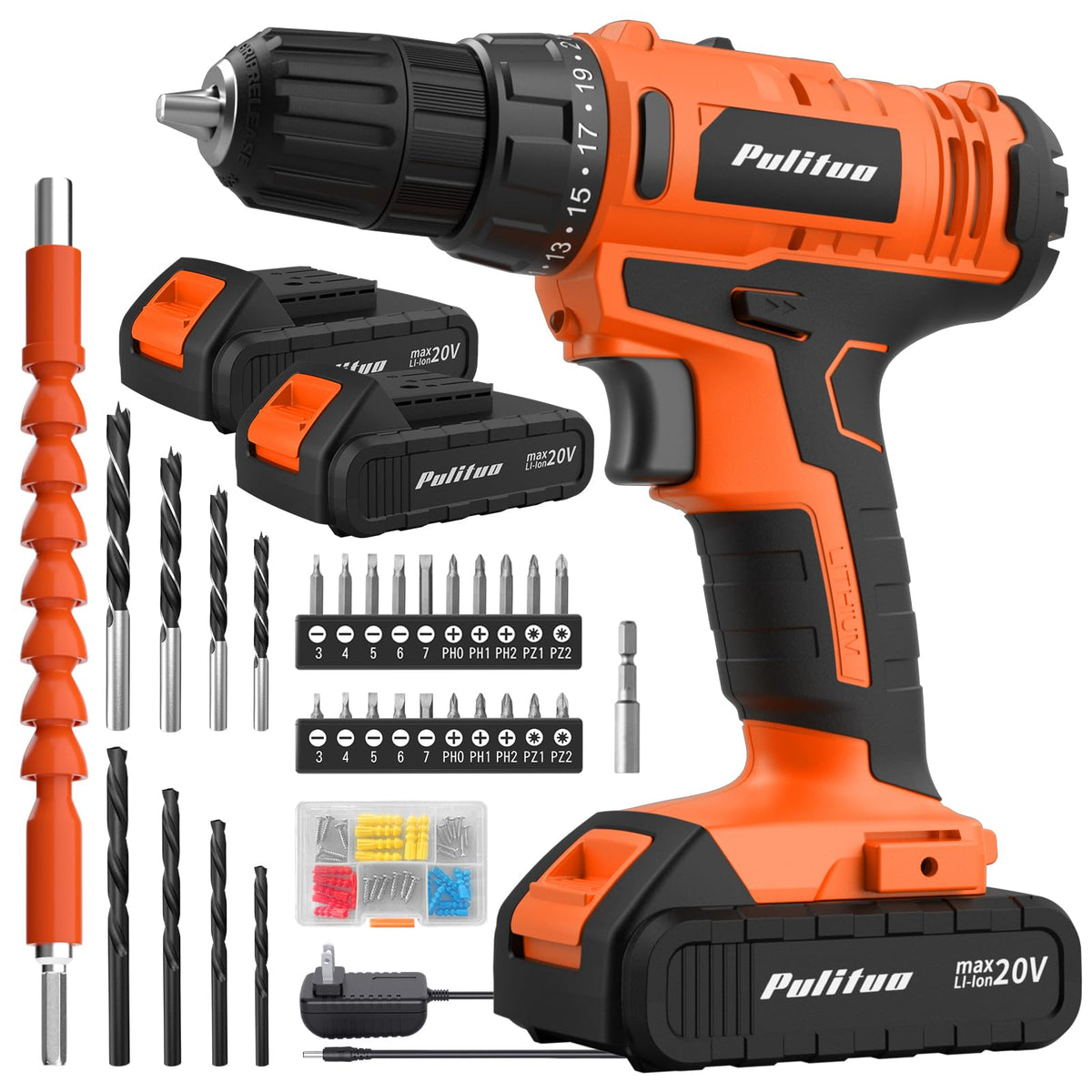 PULITUO 20V cordless drill kit with compact design for easy handling.
