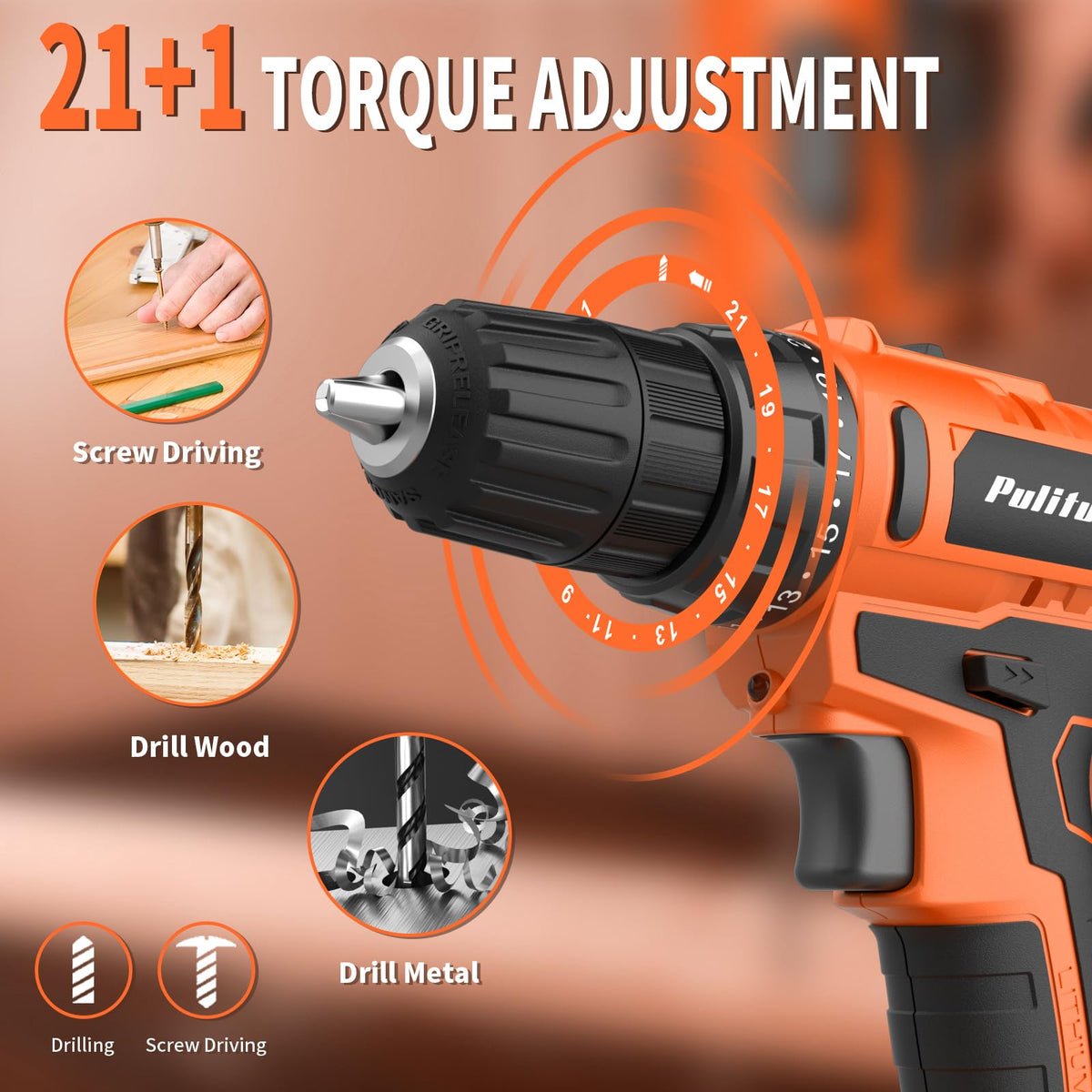 PULITUO 34-piece drill kit covers wood, metal, and DIY tasks.