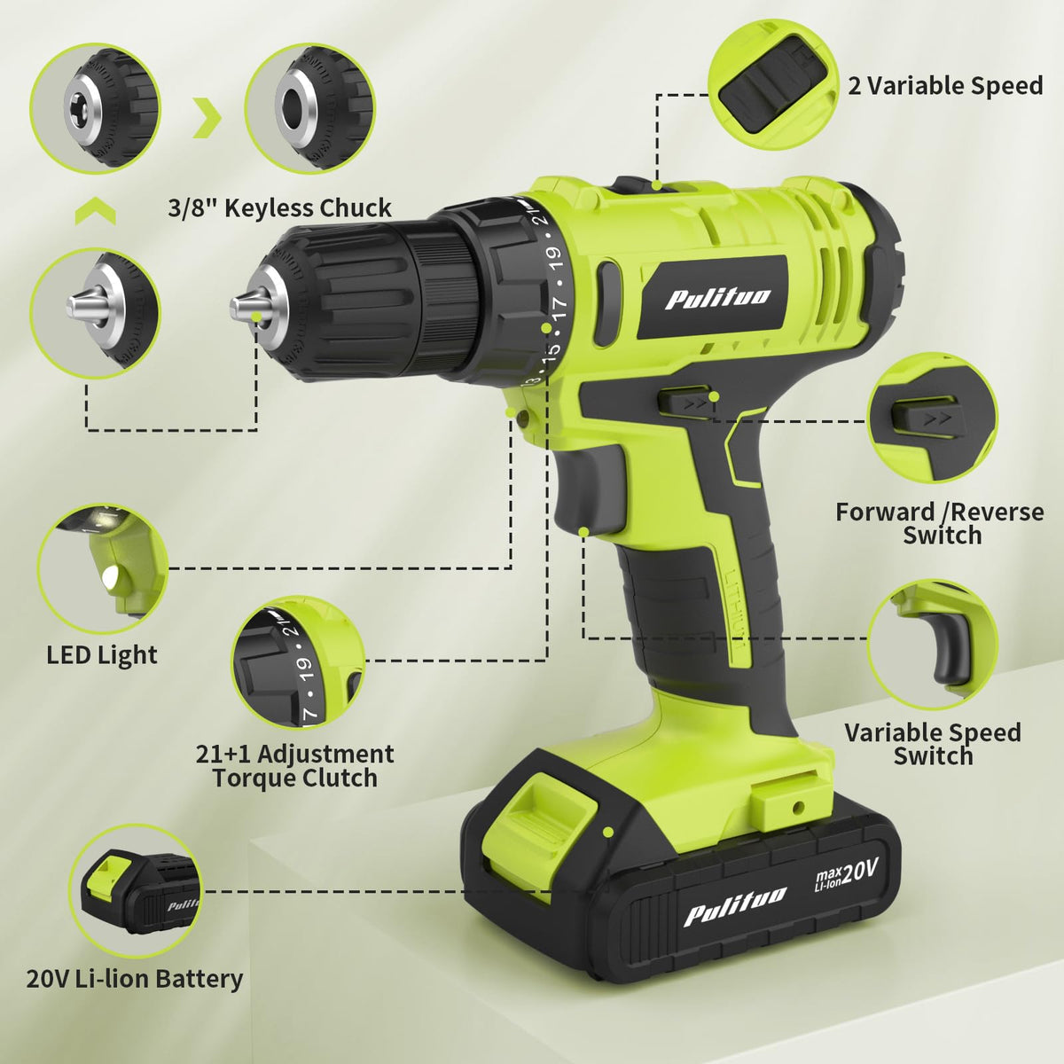 PULITUO LED work light brightens tight spaces for accurate drilling and driving
