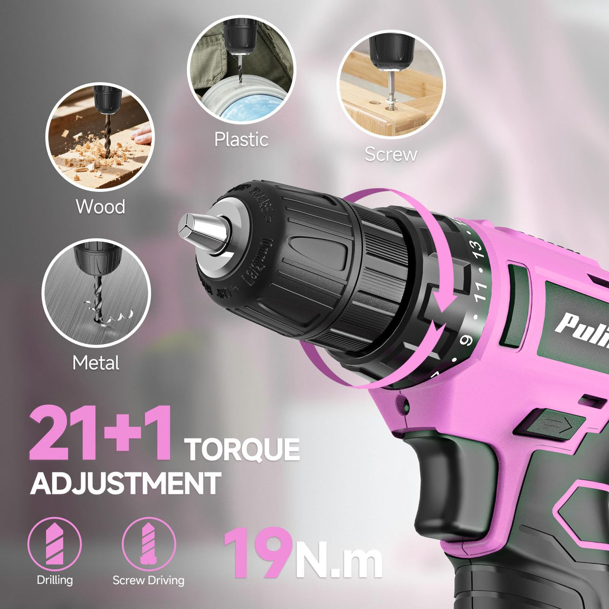 PULITUO torque settings dial allows controlled fastening in various materials