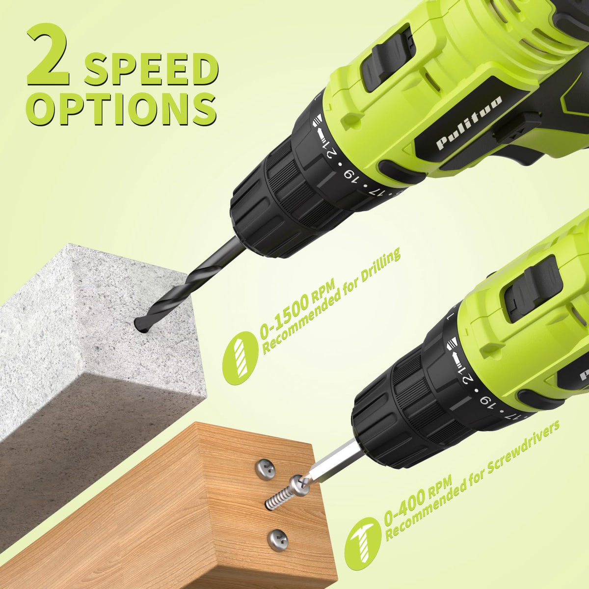 PULITUO drill showcasing versatile speed settings for delicate to heavy tasks