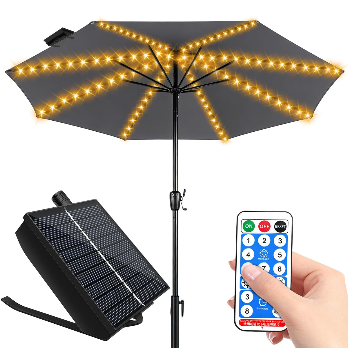 PULIVIA solar umbrella lights panel powers extended night use after daylight charging