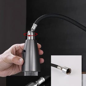 Pull-down faucet hose in black highlights 59-inch length for versatile installation.